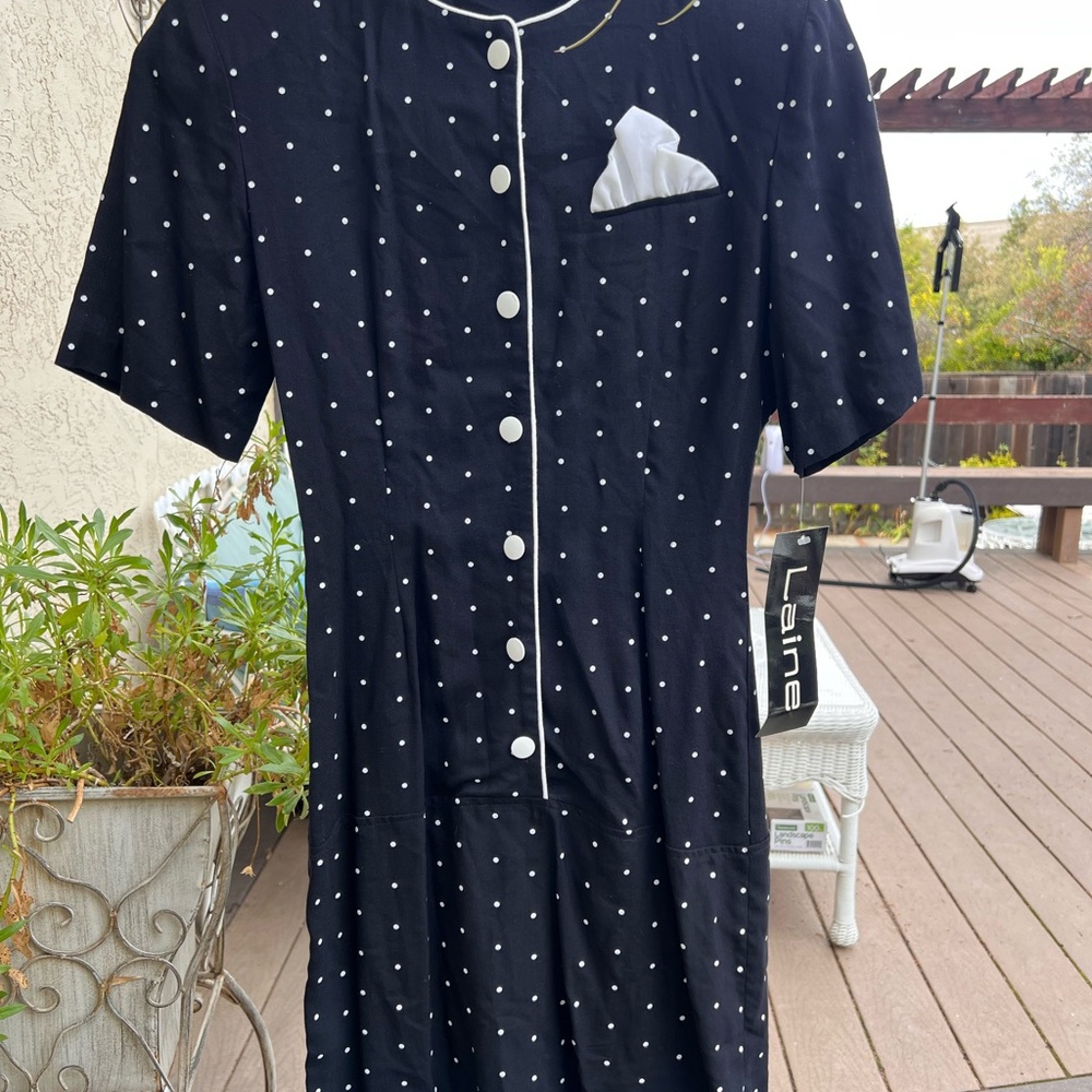 VINTAGE 80s 90s Laine U.S.A. Polka Dot Shirtdress Sz 2 w/ Contrast Piping Rayon